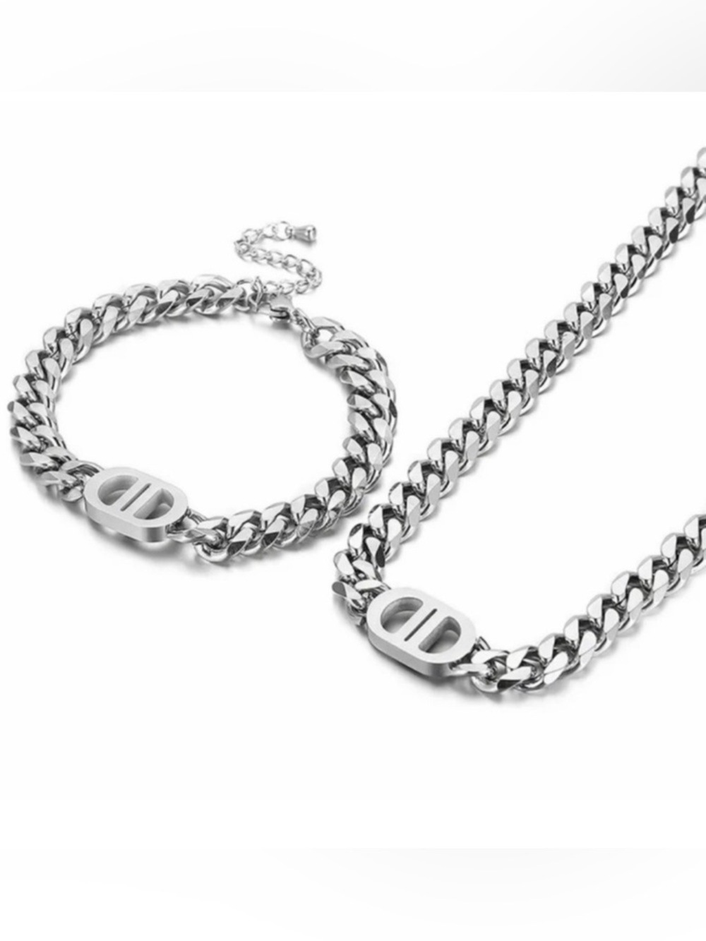 Silver Cuban Link Chain Necklace and Bracelet Set – Chunky Unisex Jewelry